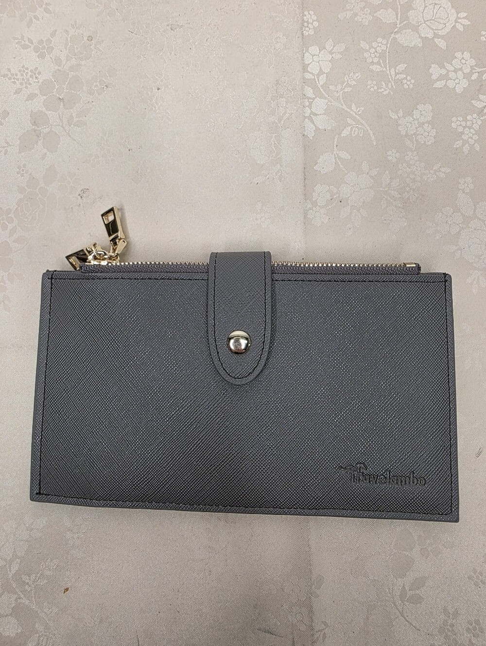 Travelambo Grey Bifold RFID Card Holder Slim Wallet Dual Zipper Gold Hardware